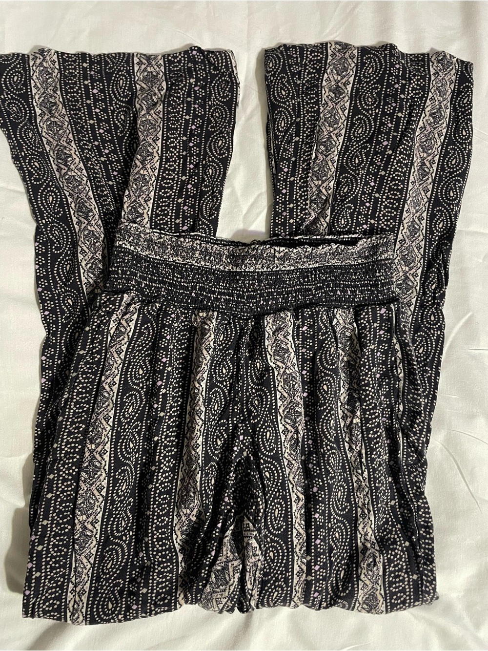 CAbi Black and White Patterned Smocked-Waist pants